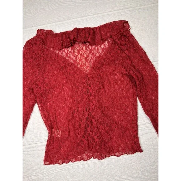 Thirty Thirty LA Red Lace Ruffle Tie Front Top Bell Sleeve Sheer Coquette NWT - Picture 10 of 15
